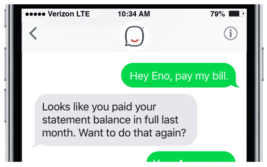 Eno Capital One’s conversational AI the first text-based AI assistant created by a U.S. bank. conversational AI in banking
