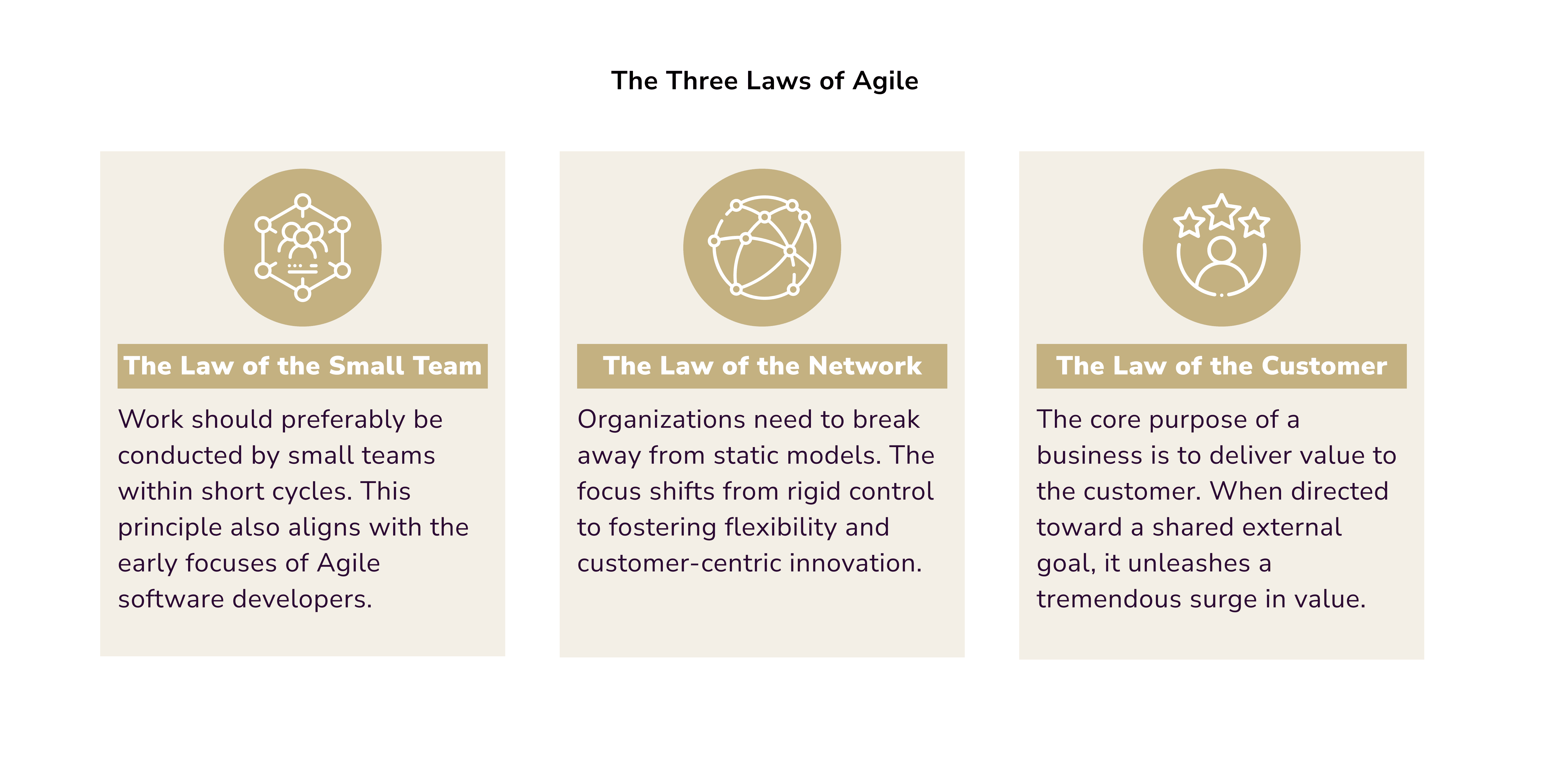 The three laws of Agile: The Law of the Small Team, the Law of the Network, the Law of the Customer.  Agile Transformation Roadmap Explained.